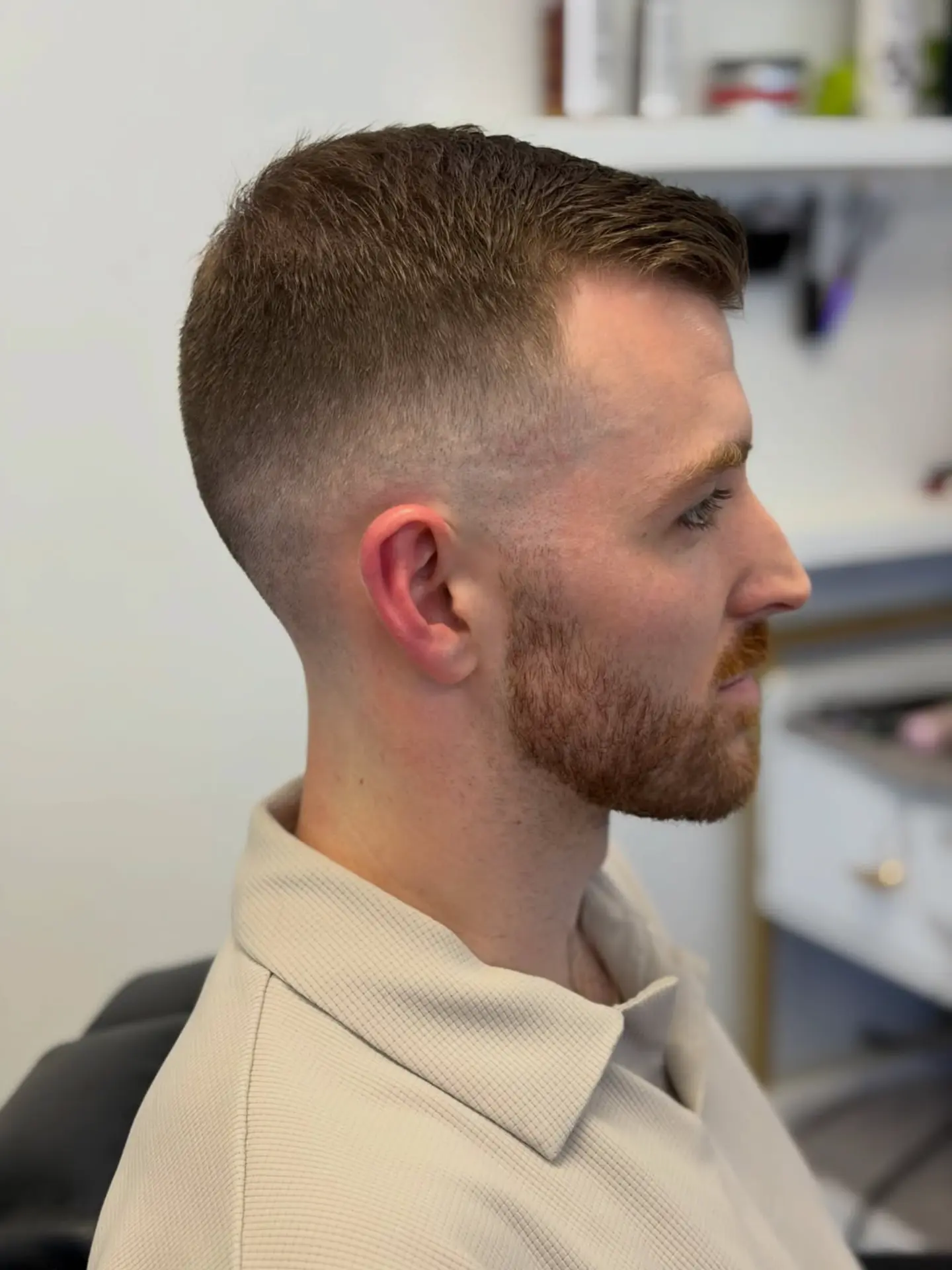Skin fade with full beard, finished at The Bedford Barber