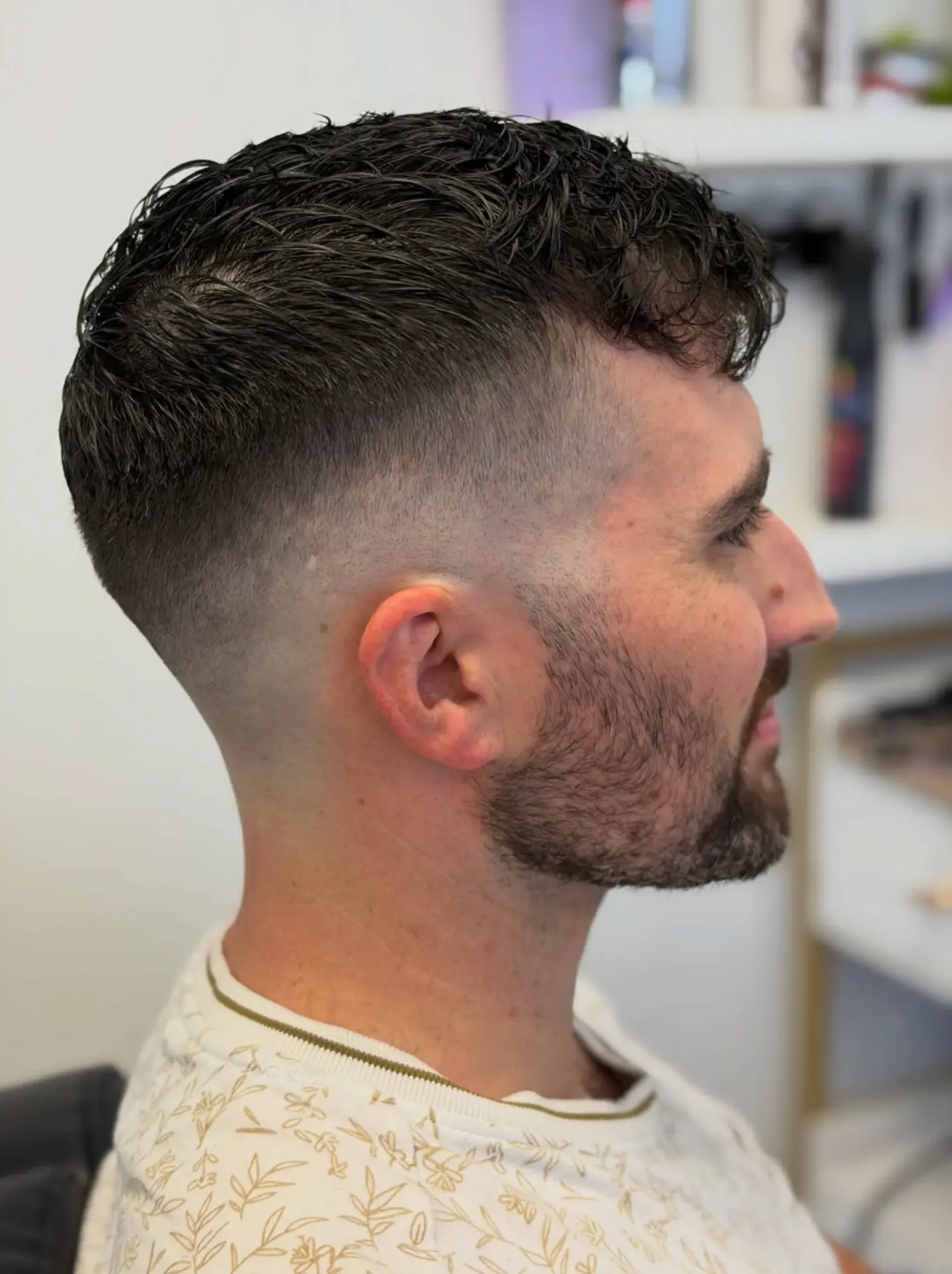 Skin fade with shaped beard, finished at The Bedford Barber